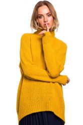 Sweter damski oversize asymetryczny sweter z wełną żólty. Żółte swetry nierozpinane damskie Polskie swetry, na zimę, l, bez wzorów, z dzianiny, biznesowe, z asymetrycznym kołnierzem, bez ramiączek. Za 259.00 zł.
