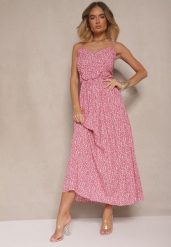 Różowa Rozkloszowana Sukienka z Bawełny na Ramiączkach Jenarissea. Czerwone sukienki damskie Renee, na wesele, l, bez wzorów, z bawełny, eleganckie, bez kołnierzyka, bez ramiączek, maxi, kopertowe. Za 39.99 zł.