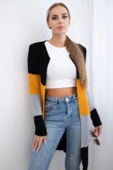 Sweter Kardigan w pasy czarny+musztardowy. Czarne kardigany damskie KESI, l, bez wzorów, z wełny, bez kołnierzyka, plus size. Za 178.78 zł.