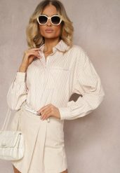 Beżowa Koszula z Długim Rękawem Zapinana na Guziki z Kieszonką Vloenni. Brązowe koszule damskie Renee, l, bez wzorów, eleganckie, bez kołnierzyka, bez ramiączek. Za 119.99 zł.