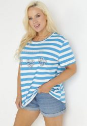 Niebieski T-shirt w Paski w Marynarskim Stylu Darlenis. Niebieskie t-shirty damskie Born2be, l, bez wzorów, bez kołnierzyka, bez ramiączek. Za 19.99 zł.