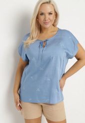 Niebieska Bluzka z Haftem i Sznurkiem Przy Dekolcie Mepaya. Niebieskie bluzki damskie Born2be, plus size, bez wzorów, eleganckie, bez kołnierzyka, plus size, bez ramiączek. Za 44.99 zł.