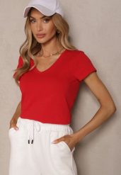Czerwony Bawełniany T-shirt z Trójkątnym Dekoltem Linalitia. Czerwone t-shirty damskie Renee, l, bez wzorów, z bawełny, bez kołnierzyka, bez ramiączek. Za 44.99 zł.