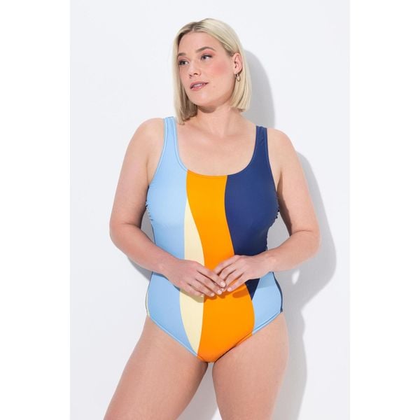 Damskie Strój kąpielowy szerokie kolorowe pasy bez miękkich miseczek. Niebieskie stroje kąpielowe damskie Ulla Popken, plus size, bez wzorów, z elastanu. Za 199.99 zł.