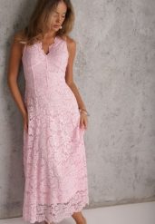 Różowa Rozkloszowana Sukienka z Koronki z Taliowaną Gorsetową Górą Apadina. Czerwone sukienki damskie Renee, l, bez wzorów, z koronki, eleganckie, bez kołnierzyka, bez ramiączek, maxi, gorsetowe. Za 199.99 zł.