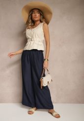 Granatowe Spodnie Typu Palazzo High Waist o Szerokim Kroju Arathira. Niebieskie spodnie materiałowe damskie Renee, bez wzorów, z jeansu, eleganckie, z podwyższonym stanem. Za 39.99 zł.