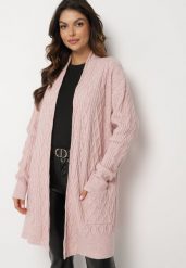 Różowy Długi Nierozpinany Kardigan z Tłoczeniem Vaithnia. Czerwone kardigany damskie Born2be, bez wzorów, z jeansu, eleganckie, bez kołnierzyka. Za 149.99 zł.