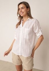 Biała Bawełniana Koszula w Paski z Regulacją przy Rękawach Cecalin. Białe koszule damskie Born2be, m, bez wzorów, z bawełny, eleganckie, bez kołnierzyka, bez ramiączek. Za 79.99 zł.