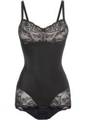 Body modelujące z ozdobnymi elementami, średni stopień modelowania sylwetki. Czarne body bonprix, bez wzorów, z koronki. Za 159.99 zł.