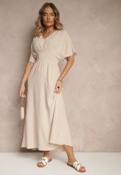 Jasnobeżowa Sukienka o Rozkloszowanym Kroju z Gumką w Talii Iffine. Brązowe sukienki damskie Renee, na co dzień, l, bez wzorów, eleganckie, bez kołnierzyka, bez ramiączek, maxi, rozkloszowane. Za 49.99 zł.