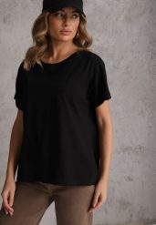 Czarny T-shirt Basic Oversize z Bawełny Elusis. Czarne t-shirty damskie Renee, m, bez wzorów, z bawełny, eleganckie, bez kołnierzyka, bez ramiączek. Za 39.99 zł.