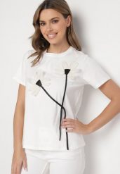 Biały T-shirt z Bawełny Ozdobiony Kwiatami Marionis. Białe t-shirty damskie Born2be, m, z aplikacjami, z bawełny, eleganckie, bez kołnierzyka, bez ramiączek. Za 39.99 zł.