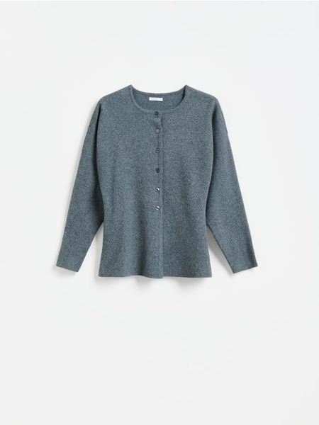 Taliowany kardigan - szary. Szare kardigany damskie Reserved, l, bez wzorów, z dzianiny, bez kołnierzyka. Za 139.99 zł.