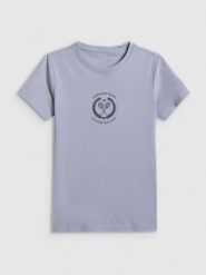 4F T-shirt slim z nadrukiem damski - niebieski L. Niebieskie t-shirty damskie 4F, l, bez wzorów, z bawełny, bez kołnierzyka, bez ramiączek. Za 59.99 zł.