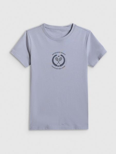 4F T-shirt slim z nadrukiem damski - niebieski L. Niebieskie t-shirty damskie 4F, l, bez wzorów, z bawełny, bez kołnierzyka, bez ramiączek. Za 59.99 zł.