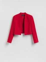 Krótka marynarka - czerwony. Czerwone marynarki i żakiety damskie Reserved, bez wzorów, z tkaniny, bez kołnierzyka, bez ramiączek. Za 169.99 zł.