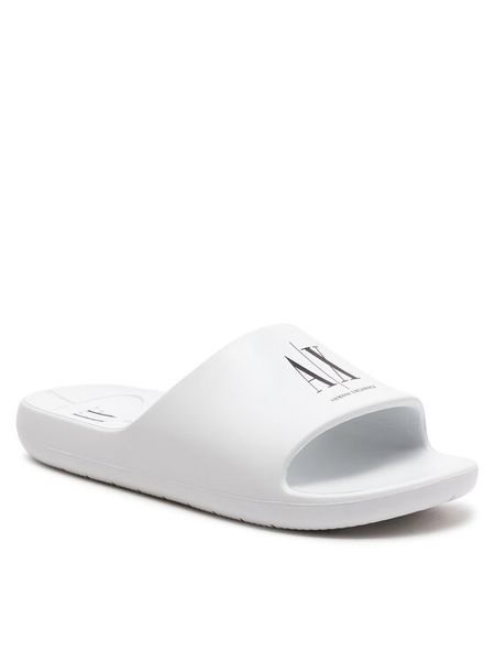 Armani Exchange Klapki XDP038 XV703 K488 Biały. Białe klapki damskie Armani Exchange, bez wzorów, z gumy, bez obcasa, bez zapięcia. Za 259.99 zł.