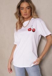 Biały T-shirt z Bawełny z Nadrukiem Wisienek Marinoti. Białe t-shirty damskie Renee, m, bez wzorów, z bawełny, klasyczne, bez kołnierzyka, bez ramiączek. Za 69.99 zł.
