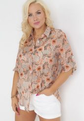 Pomarańczowo-Beżowa Koszula w Kwiaty z Podpinanymi Rękawami 3/4 Rosedris. Brązowe koszule damskie Born2be, l, bez wzorów, bez kołnierzyka, bez ramiączek. Za 54.99 zł.