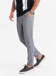 Spodnie męskie chino REGULAR FIT z gumką w pasie – szare V2 OM-PACP-0157 - XL. Szare eleganckie spodnie męskie Ombre Clothing, bez wzorów, z bawełny. W wyprzedaży za 219.99 zł.