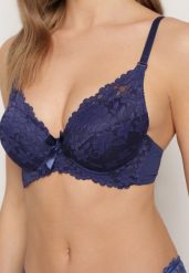 Granatowy Biustonosz Push-Up Ozdobiony Koronką z Odpinanymi Regulowanymi Ramiączkami Oanessa. Niebieskie biustonosze Renee, z aplikacjami, z koronki. Za 19.99 zł.