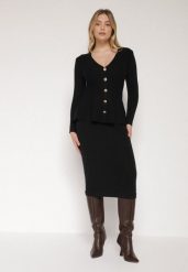Czarny Elegancki Komplet z Dzianiny z Wiskozą Kardigan i Spódnica Uneva. Czarne kardigany damskie Born2be, bez wzorów, z dzianiny, casualowe, bez kołnierzyka. Za 159.99 zł.