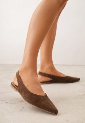 Brązowe Balerinki Typu Slingback Diarin. Brązowe balerinki damskie Renee, na lato, bez wzorów, z materiału, z otwartym noskiem, bez obcasa, na płaskiej podeszwie, bez zapięcia. Za 109.99 zł.