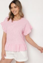 Różowa Bluzka o Kroju Oversize z Falbanami Livelle. Czerwone bluzki damskie Born2be, uniwersalny, bez wzorów, z jeansu, bez kołnierzyka, bez ramiączek. Za 59.99 zł.
