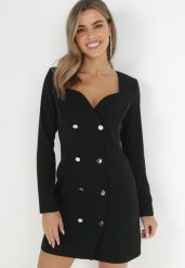 Czarna Sukienka Marynarka Taliowana z Guzikami Genzana. Czarne marynarki i żakiety damskie Born2be, m, bez wzorów, eleganckie, z asymetrycznym kołnierzem, bez ramiączek, mini, asymetryczne. Za 199.99 zł.