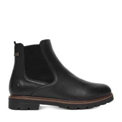 Botki Remonte. Czarne botki damskie Remonte, bez wzorów, bez obcasa, na płaskiej podeszwie, bez zapięcia. Za 399.99 zł.