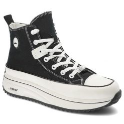 Czarne Sneakersy Rieker Sportowe Obuwie Damskie. Czarne obuwie sportowe damskie Rieker, na wiosnę, bez wzorów, z materiału, bez zapięcia. Za 239.00 zł.