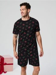 Piżama dwuczęściowa - czarny. Czarne piżamy męskie Sinsay, l, bez wzorów, z bawełny, bez kołnierzyka, bez ramiączek, krótkie. Za 39.99 zł.