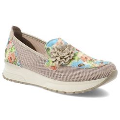 Różowe Półbuty Rieker Modne Obuwie Damskie. Czerwone półbuty damskie Rieker, na wiosnę, z aplikacjami, eleganckie, bez obcasa, bez zapięcia. Za 369.00 zł.