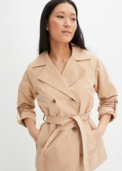 Krótki trencz. Brązowe płaszcze damskie bonprix, bez wzorów, eleganckie, bez kołnierzyka, bez kaptura. Za 189.99 zł.