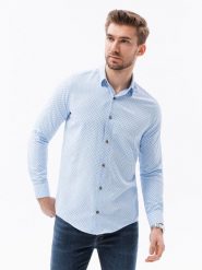 Koszula męska w drobny geometryczny wzór REGULAR FIT - błękitna K616 - XXL. Niebieskie koszule męskie Ombre Clothing, m, bez wzorów, z bawełny, biznesowe, bez kołnierzyka, bez ramiączek. Za 101.99 zł.