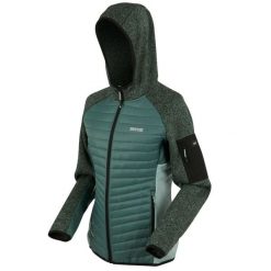 Kurtka damska hybrydowa Newhill. Zielone kurtki sportowe damskie Regatta, bez wzorów, z dzianiny, bez ramiączek, bez kaptura, trekkingowe. W wyprzedaży za 149.99 zł.