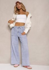 Niebieskie Szerokie Jeansy High Waist z Naszytymi Kieszeniami Zalittie. Niebieskie jeansy damskie Renee, bez wzorów, z jeansu, eleganckie, z podwyższonym stanem. Za 89.99 zł.