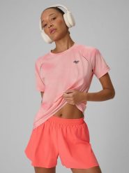 4F Koszulka do biegania szybkoschnąca damska - różowa S. Czerwone bluzki damskie 4F, l, bez wzorów, z dzianiny, bez kołnierzyka, bez ramiączek. Za 129.99 zł.