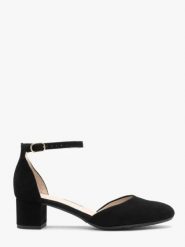 Welurowe czółenka damskie z paskiem wokół kostki. Czarne czółenka damskie Ryłko, bez wzorów, ze skóry, z okrągłym noskiem, bez obcasa, na obcasie, bez zapięcia. W wyprzedaży za 299.99 zł.