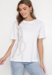 Biały T-shirt Bawełniany z Cyrkoniami Felnella. Białe t-shirty damskie Born2be, l, bez wzorów, z bawełny, eleganckie, bez kołnierzyka, bez ramiączek. Za 34.99 zł.