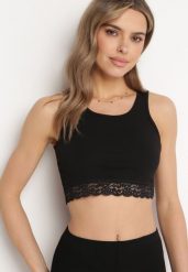 Czarny Bawełniany Top na Ramiączkach z Ozdobną Koronką Builda. Czarne topy damskie Born2be, m, bez wzorów, z bawełny, eleganckie, bez kołnierzyka, bez ramiączek. Za 19.99 zł.