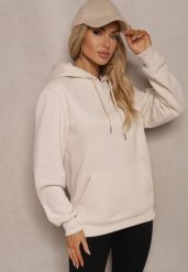 Ciemnobeżowa Bluza Kangurka z Kapturem i Szeroką Kieszenią Vaminita. Brązowe bluzy damskie Renee, xl, bez wzorów, sportowe, bez ramiączek, z kapturem. Za 69.99 zł.