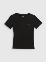 4F T-shirt slim prążkowany damski - czarny M. Czarne t-shirty damskie 4F, m, bez wzorów, z dzianiny, klasyczne, bez kołnierzyka, bez ramiączek. Za 49.99 zł.