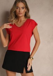 Czerwony T-shirt z Bawełny Ozdobiony Koronką Ralienne. Czerwone t-shirty damskie Renee, l, bez wzorów, z bawełny, bez kołnierzyka, bez ramiączek. Za 44.99 zł.