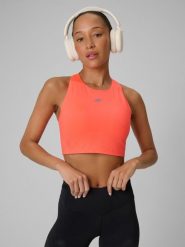 4F Crop top do biegania szybkoschnący damski - pomarańczowy M. Czerwone topy damskie 4F, l, bez wzorów, bez kołnierzyka, bez ramiączek. Za 129.99 zł.