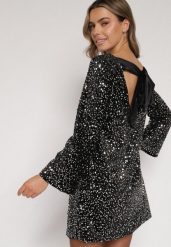 Srebrna Cekinowa Sukienka z Odkrytymi Plecami i Wiązaniem Diadina. Szare sukienki damskie Born2be, na imprezę, z aplikacjami, z elastanu, eleganckie, bez kołnierzyka, bez ramiączek. Za 169.99 zł.