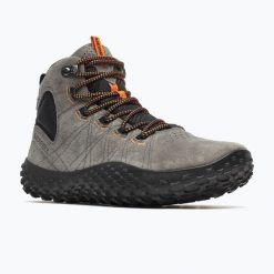 Buty barefoot męskie Merrell Wrapt Mid WP. Szare buty zimowe męskie Merrell, bez wzorów, bez obcasa, bez zapięcia. Za 509.99 zł.