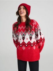 Sweter z motywem świątecznym - czerwony. Czerwone swetry nierozpinane damskie Sinsay, l, bez wzorów, wizytowe, bez kołnierzyka, bez ramiączek. Za 59.99 zł.