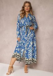 Niebieska Sukienka Koszulowa Rozkloszowana z Wiązaniem Vern. Niebieskie sukienki damskie Renee, na co dzień, m, bez wzorów, eleganckie, bez kołnierzyka, bez ramiączek, maxi, koszulowe. Za 99.99 zł.