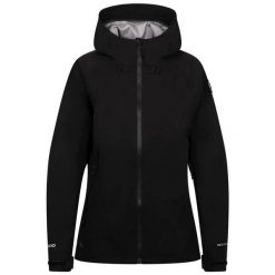 Damska Kurtka Wodoodporna Justine DLX. Czarne kurtki sportowe damskie Trespass, bez wzorów, z materiału, bez ramiączek, z kapturem, trekkingowe. Za 493.99 zł.